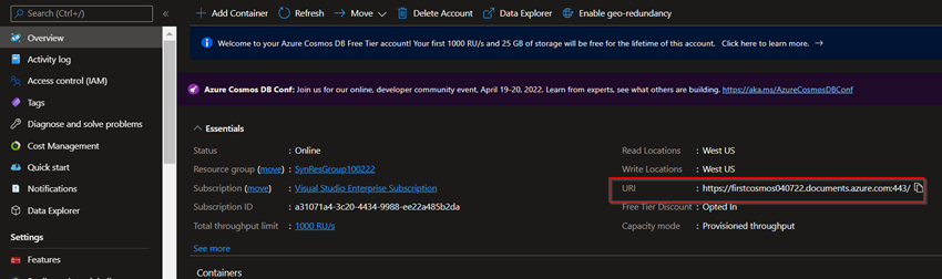Creating Azure Cosmos DB resources from the Azure portal